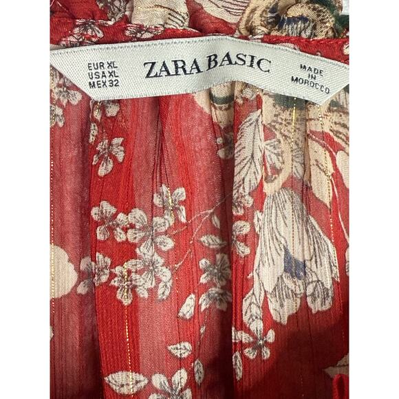 Zara Floral Sheer Long Sleeve Flowy Boho Blouse Smocked Ruffle Neck XL Red Green - Picture 9 of 15